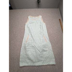 WOMENS iLINEN XS‎ LIGHT BLUE TAN SLEEVELESS LINEN SHIFT DRESS POCKETS